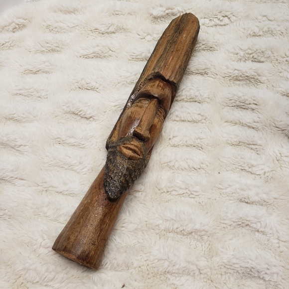 vintage Hand Carved Wood Tiki Totem Style Bearded Man Sculptural Art 15" Tall - Picture 6 of 8